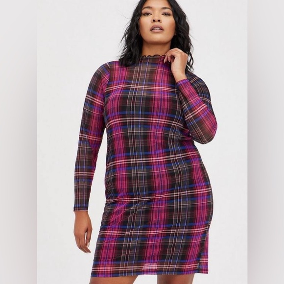 Torrid Sheer Mini Mesh Mock Neck Dress in Plaid Multi - Picture 4 of 9